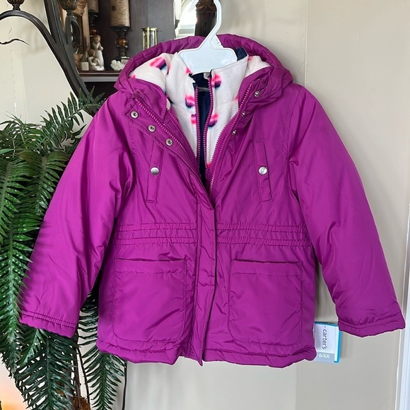 Brand New Carter's 4-in-1 Jacket Zippered Hooded Coat Purple Fleece Hearts - Picture 1 of 13